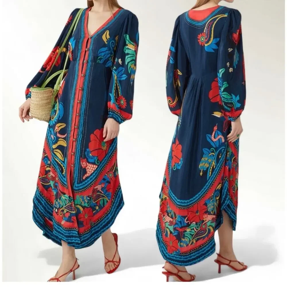 NWT FARM Rio Blue Vintage Forest Dress Printed Blue Silky Viscose Size XL - Picture 2 of 16
